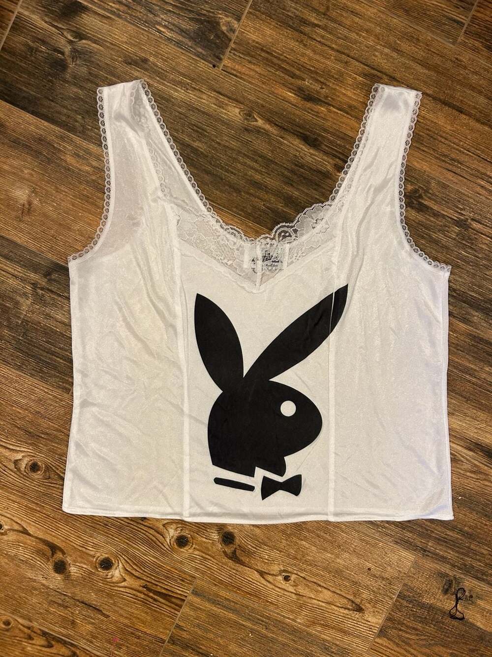 Vintage Metropolitan x Playboy White Lace Trim Satin Cami Tank Top